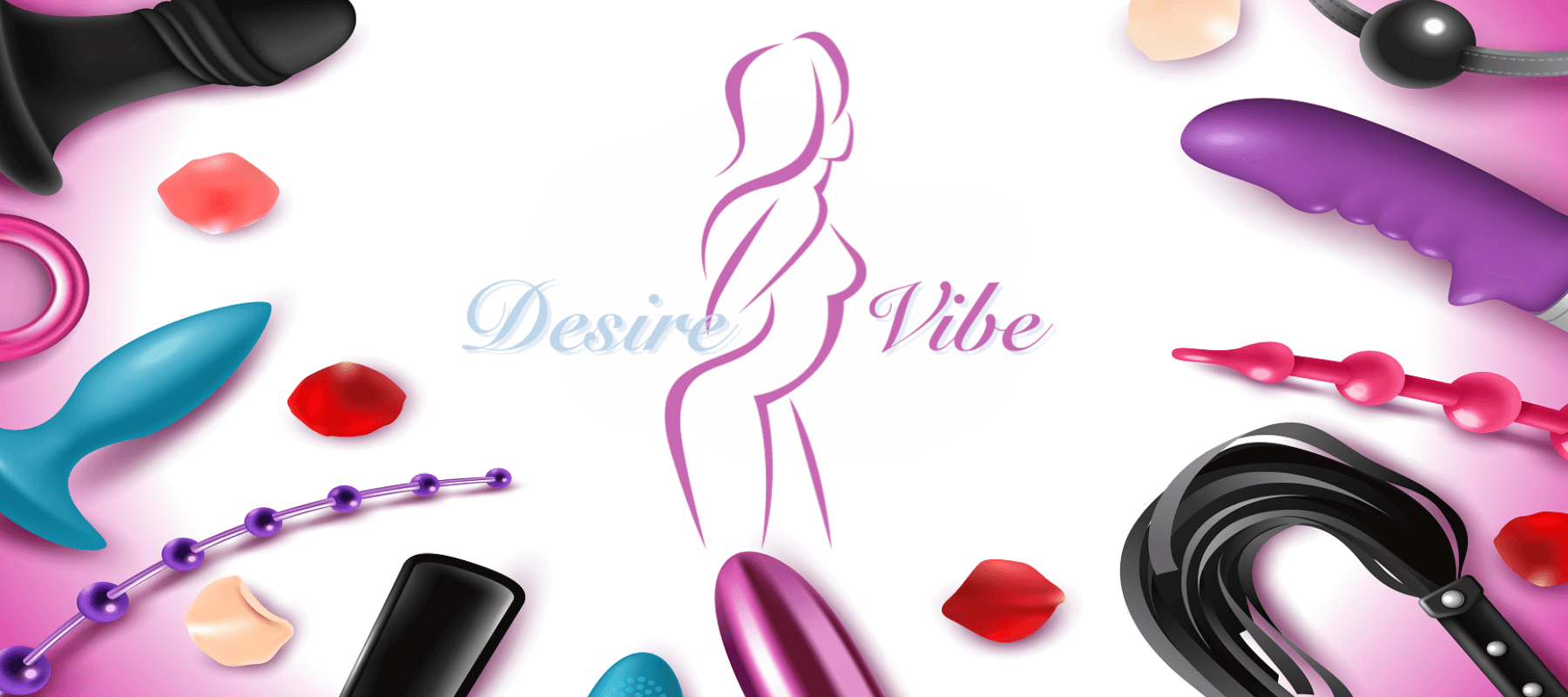 Slide promozionale di DesireVibe.com con una selezione di sex toys inclusi vibratori e fruste su uno sfondo bianco e rosa, evidenziando la varietà e la qualità dei prodotti offerti