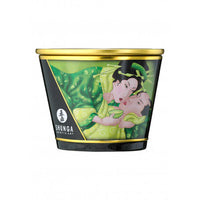 Candela da Massaggi Shunga al Tè Verde in contenitore verde e oro. Disponibile su sexy shop online DesireVibe.com
