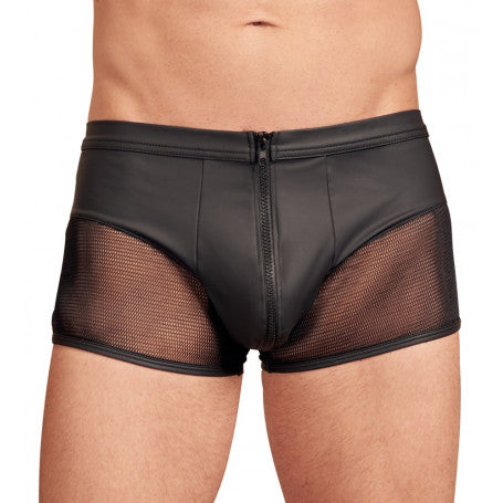 Boxer pantaloncino uomo in stile mesh nero con cerniera frontale, che unisce comfort e design seducente. Disponibile su desirevibe.com.