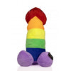 Peluche a forma di pene arcobaleno con un'espressione felice. Acquistalo ora su desirevibe.com