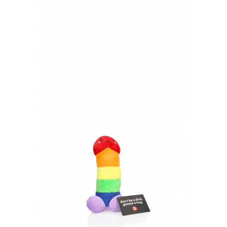 Vista completa del peluche a forma di pene arcobaleno, mostrando i dettagli colorati e l'etichetta con un messaggio simpatico. Acquistalo ora su desirevibe.com