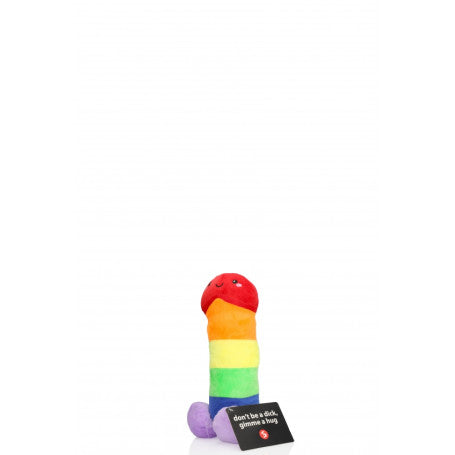 Divertente e colorato peluche a forma di pene arcobaleno, con un'espressione sorridente e accogliente, perfetto come regalo scherzoso o per aggiungere un tocco di allegria a qualsiasi spazio. Disponibile su desirevibe.com