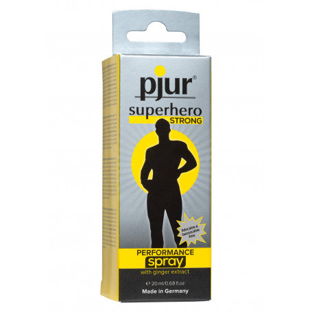 Confezione dello spray per prestazioni sessuali Pjur Superhero Strong, contenuto da 20ml con estratto di zenzero, promuove resistenza, vendita online.