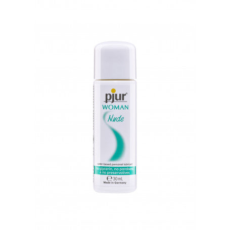 Flacone di lubrificante Pjur Woman Nude da 30 ml, formula delicata senza glicerina e parabeni, specifico per la pelle sensibile, prodotto in Germania e disponibile per l'acquisto online.