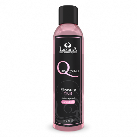 Flacone di olio da massaggio 'Quintessence Pleasure Fruit' di LuxuriA, con essenze afrodisiache per un'esperienza sensoriale intensa, contenuto 150 ml.