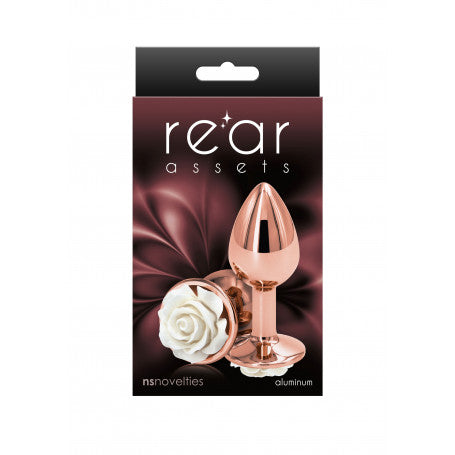 Plug anale Rear Assets: gioiello anale in alluminio color oro con decorazione a forma di rosa, presentato in un packaging elegante. Disponibile per l'acquisto online