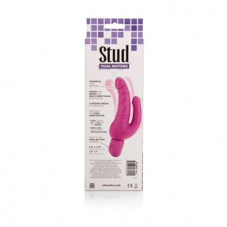 Retro della confezione vibratore 'Stud Dual Motors' con motori doppi, disponibile su desirevibe.com